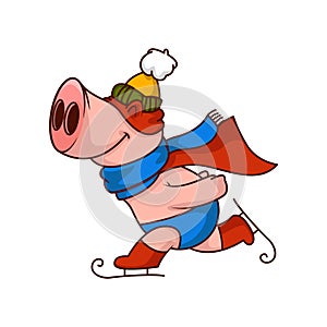 Cute pig superhero riding ice skates. Humanized animal. Winter activity. Funny cartoon character. Vector design