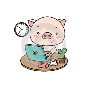 Cute Pig Working on Laptop. Cute cartoon character photo