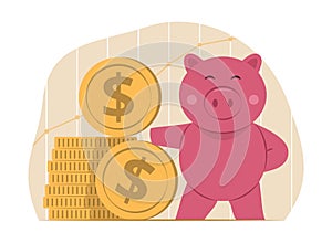Cute Piggy Bank Character Standing Near Stack of Dollar Coins for Saving Money Concept Illustration