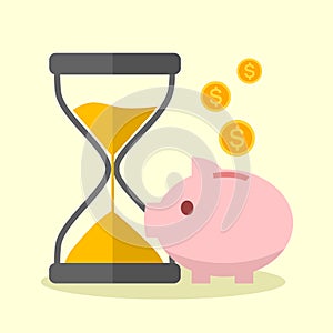 Cute piggy bank with falling coins and hourglass in flat design. Money saving or bank deposit concept vector illustration. Save mo