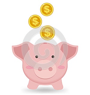 Cute Piggy Bank With Gold Coin , Saving Money Concept