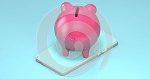 Cute piggy bank rotating on smartphone, looping seamless animation 4k video.