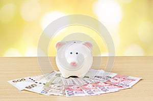 Cute piggy bank on a stack of cash. Concept of savings and money