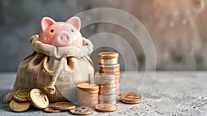Cute piggy bank on top of a full sack, coins piled beside, concept of savings. Financial planning and security