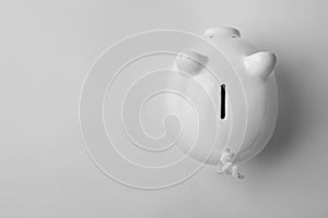 Cute piggy bank on white background, top view