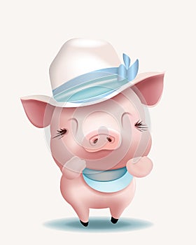 Cute piggy cartoon wear a hat is dancing vector illustration