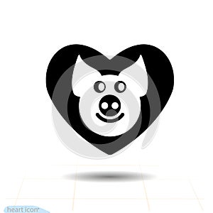 Cute piggy in heart black icon, Love symbol. Valentines day sign, emblem, Flat style cartoon. Chinese Zodiac Sign, Happy Ne