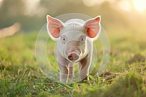 Cute piglet in farm. Happy and healthy small pig. Livestock farming