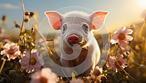 Cute piglet grazes on green grass in the sunny meadow generated by AI