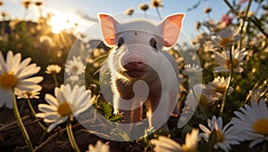 Cute piglet grazing on green grass in a meadow generated by AI