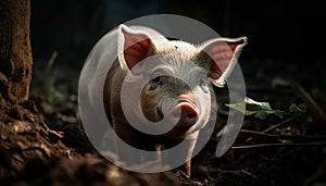 Cute piglet grazing in muddy rural meadow generated by AI