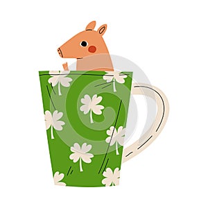 Cute Piglet in Green Teacup, Adorable Little Pig Cartoon Animal Character Sitting in Coffee Mug Vector Illustration