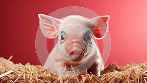 Cute piglet and puppy sitting on straw, looking at camera generated by AI