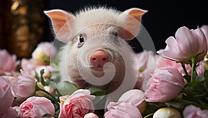 Cute piglet sniffs flower, surrounded by fluffy yellow baby rabbits generated by AI