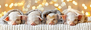 Cute piglets sleeping under blankets, cozy home decor for holidays, golden sides, festive banner