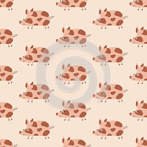 Cute pigs hand drawn vector illustration. Funny baby character in flat style. Animal seamless pattern for kids.