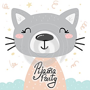 Cute Pijama Party card with hand drawn cat. vector print.