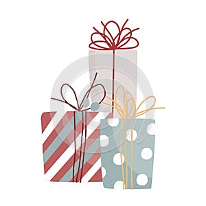 Cute pile of gift boxes or Christmas presents. Xmas gifts wrapped in doodle paper, vector illustration