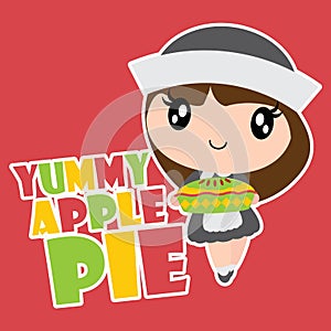 Cute pilgrim girl brings apple pie cartoon illustration for happy thanksgiving`s day card design