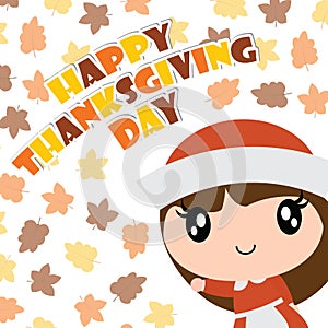 Cute pilgrim girl smiles on maple leaves background cartoon illustration for happy thanksgiving`s day card design
