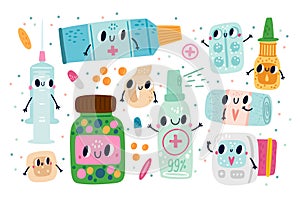 Cute pills characters. Funny pharmacy elements. Cartoon medicines with pretty faces and hands. Syringe and remedy