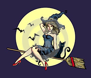 Cute pin-up girl in witch costume riding flying broomstick halloween vector illustration