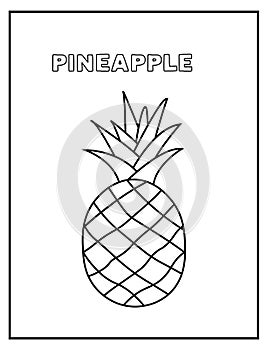 Cute pineapple black and white coloring page with name of fruit. Great for toddlers and kids any age.