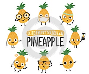 Cute pineapple cartoon characters set.