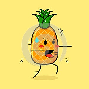 cute pineapple character with afraid expression and run