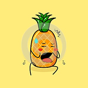 cute pineapple character with afraid expression and sit down