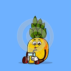 Cute pineapple character sitting with pineapple juice. Fruit character icon concept isolated. Emoji Sticker. flat cartoon style