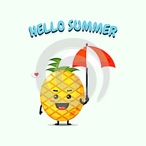 Cute pineapple mascot carrying umbrella in summer