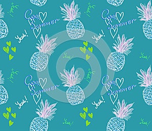 Cute pineapple pattern with text cool summer and heart on blue background