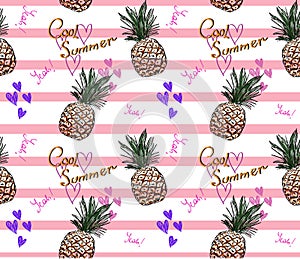 Cute pineapple pattern with text cool summer and heart on striped background