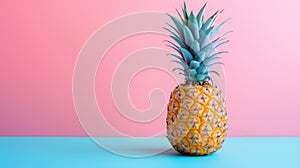 Cute pineapple in tropical colors over blue and pink background, conceptual, copy space for text.