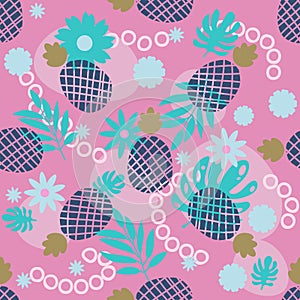 Cute pineapple and tropical leaves seamless pattern. Festive colorful summer fruit random background.