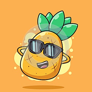 Cute Pineapple wear Glasses Cartoon Vector Icon Illustration. Summer Fruit Icon Concept Isolated on Orange Background
