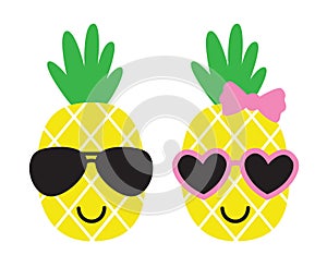 Cute Pineapples Wearing Sunglasses in Summer Vector Illustration