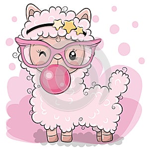 Cute pink alpaca with bubble gum