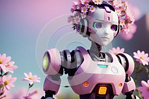 Cute pink android robot artificial intelligence. Generative AI