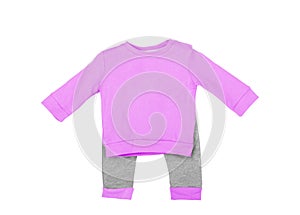 Cute pink baby onesie jumpsuit on front over white background