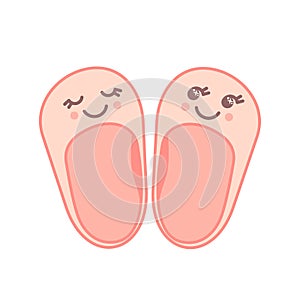Cute pink baby shoes icon with kawaii face isolated on white balground