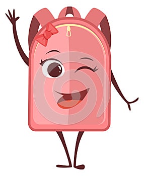 Cute pink backpack character. Winked face bag