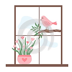 A cute pink bird sits outside the window on branch