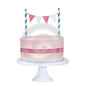 Cute pink birthday cake on round pedestal, decorated with blue striped picks and string with colorful paper bunting.