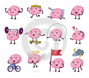 Cute Pink Brain with Various Emotions Set, Funny Human Nervous System Organ Cartoon Character in Different Situations