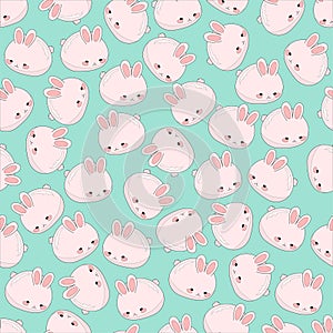 Cute pink bunny on blue green background seamless pattern. Vector illustration