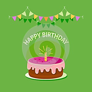 Cute pink cake with one candle, garland and text `happy birthday` isolated on green background. Icon in flat style