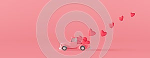 Cute pink car with red hearts. Valentine`s day concept on pink background 3d render