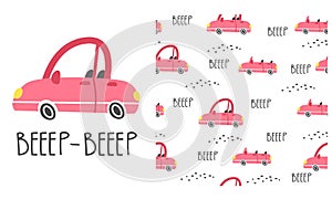 Cute pink cars, convertible. Lettering Beep-beep. Print and pattern for printing on children's products